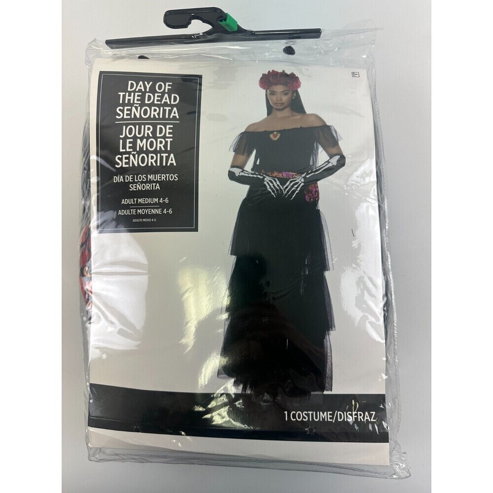 Day Of The Dead Senorita Costume Dress‎ Shawl Gloves Headband Women Medium 4-6